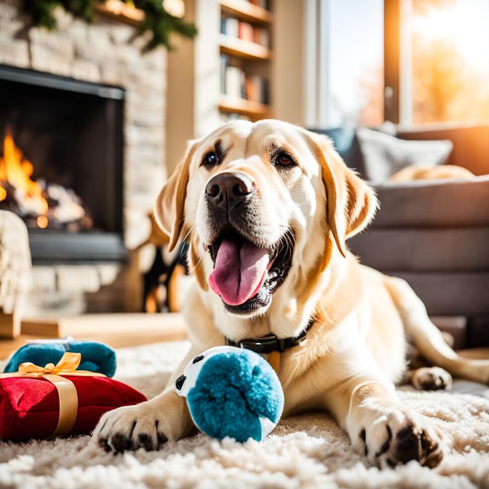 Labrador Retriever playing with soft toy